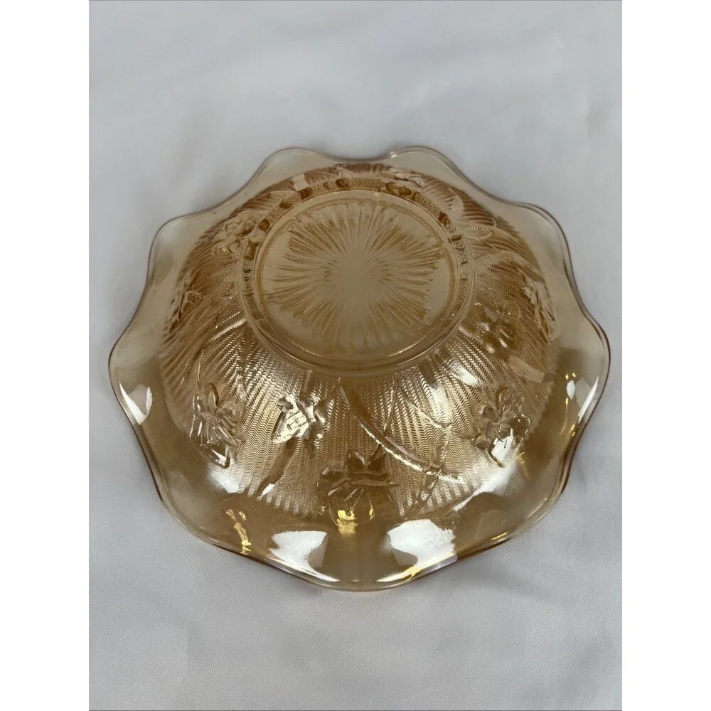 Vintage Amber Carnival Glass Ruffled Dish Bowl Floral Pattern Scalloped Edge